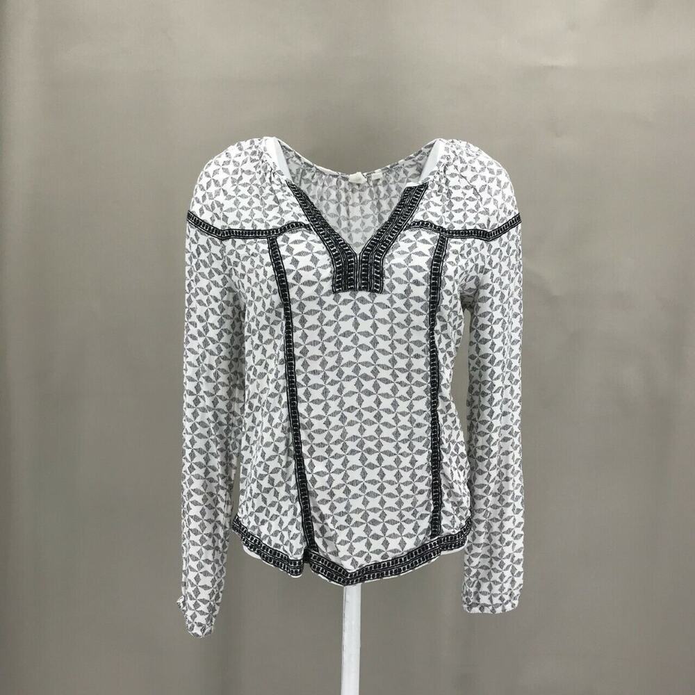 Gap Women's V Neck Geometric Print Popover Blouse Sz XS White Black Long Sleeve